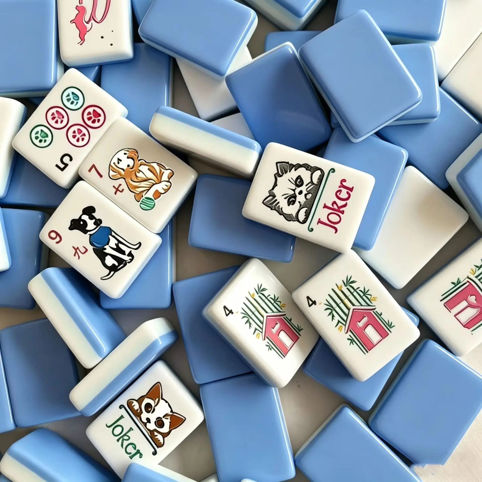 Pet Lover American Acrylic Mahjong Set Mini Hand-Punched Puppy Kitten Pattern Print Mahjong Tiles Poker Birthday Gift for Animal