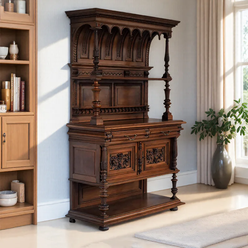 French retro, solid wood dining side cabinet, neoclassical carved bookcase in the living room, American light luxury