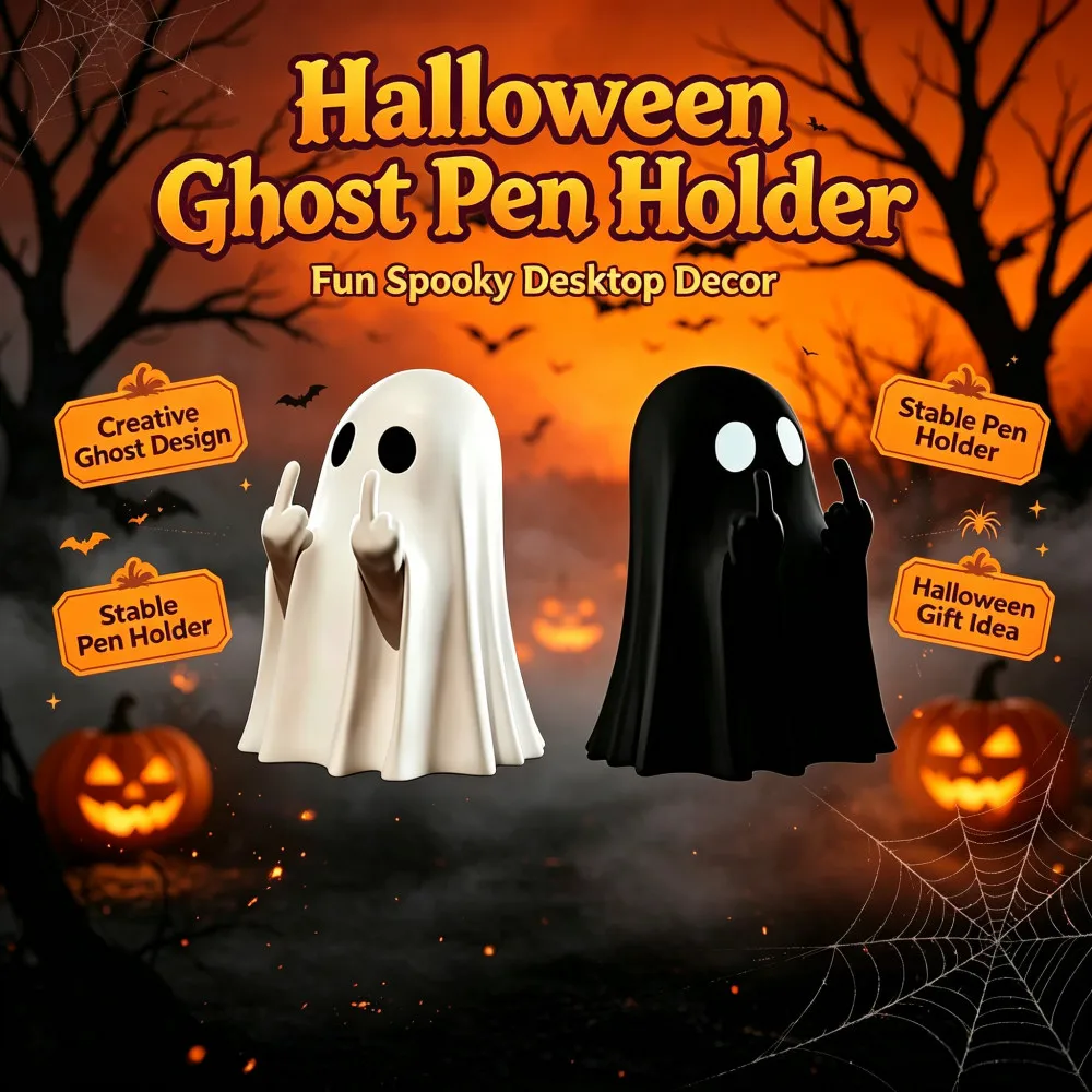 Fun Ghost Resin Pen Holder, Halloween Middle Finger Ghost Figurine, Spooky Desktop Decor Pen Stand for Halloween Atmosphere