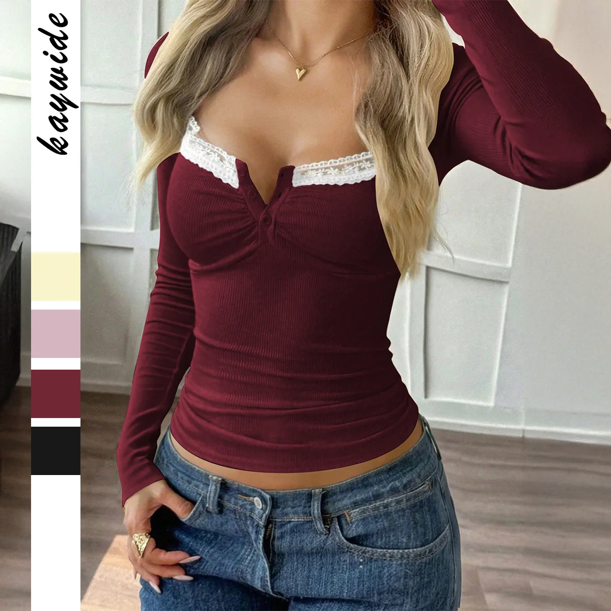 

Сексуальная кружевная женская осенняя футболка с v-образным вырезом и рюшами, майка с длинными рукавами для женщин, укороченная женская повседневная верхняя одежда для поездок на работу