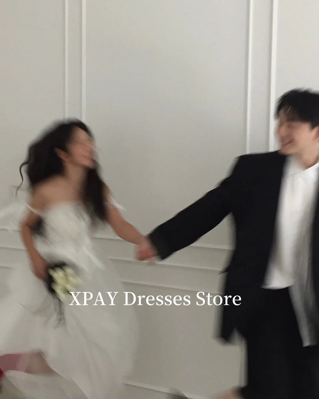 XPAY  Elegant Soft Tulle Wedding Dreses Korea Photo shoot Off Shoulder Pleats Floor length Bridal Gowns Corset Back Customized image 3