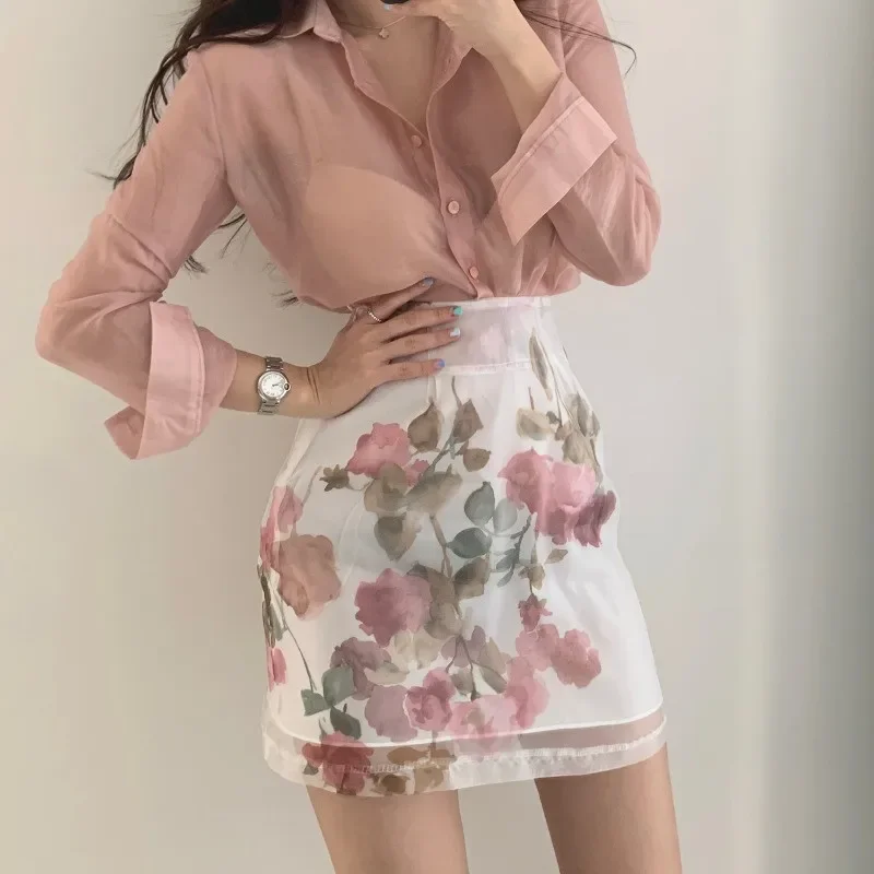 Korea Chic Elegant Women 2 Piece Sets Sexy See-through Long-sleeved Shirt+High Waist A-line Floral Print Skirt Sets 2pc OL Suits