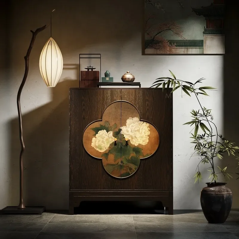 Song Dynasty Style Peony Solid Wood Bucket Cabinet Living Room Tea Room Storage Chinese Wall Vertical Cabinet