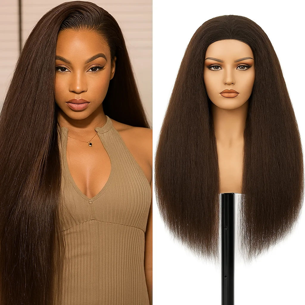 

Brown Yaki Straight 13x6 Lace Front Human Hair Wig Pre Cut Glueless Wig for Beginners Natural Hairline Pre Plucked For Women
