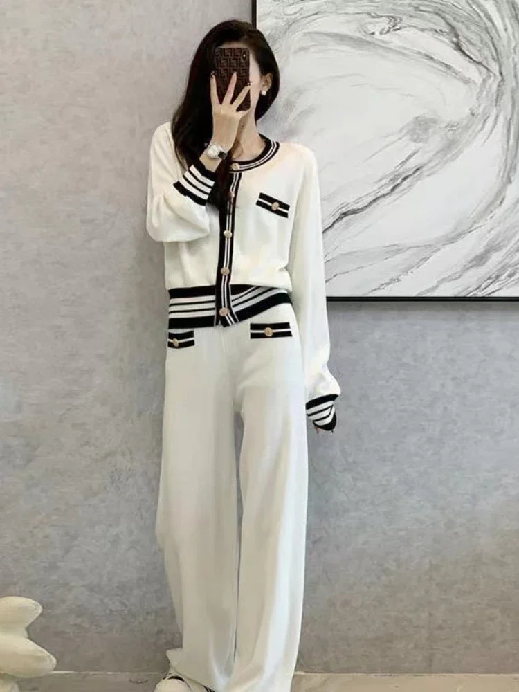 Autumn/Winter Casual Two Piece Sets Single Breasted Stripes Patchwork Knitted Cardigan Sweater and Wide Leg Pants Female Suit