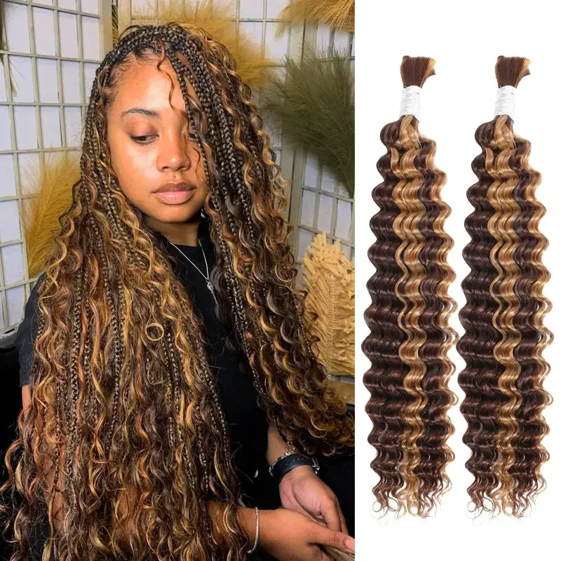 28 In 4/27 Color Deep Wave Bulk Human Hair for Braiding No Weft Virgin Hair Curly Human Braiding Hair Extensions for Boho Braids