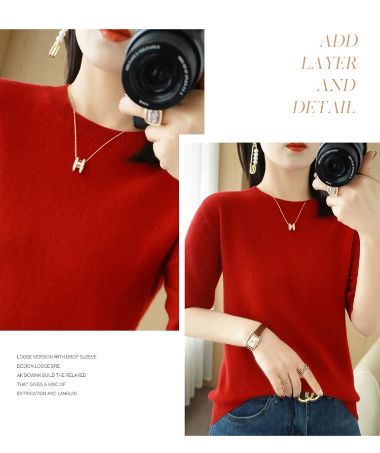 Spring 2022 New Women's O-Neck Short-Sleeved Exquisite Cashmere Sweater Pullover