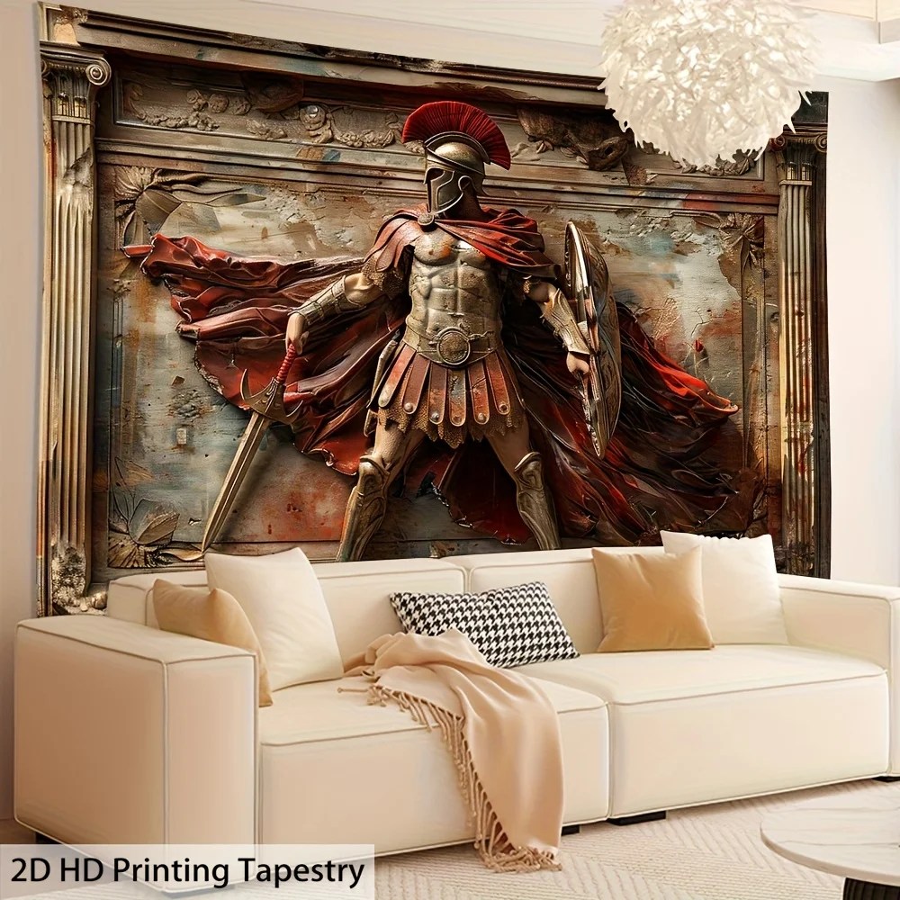 Ancient Greek Spartan Warrior Red Cape Sword Shield 2D Flat Tapestry Backdrop For Living Room Decor History Wall Hanging Art