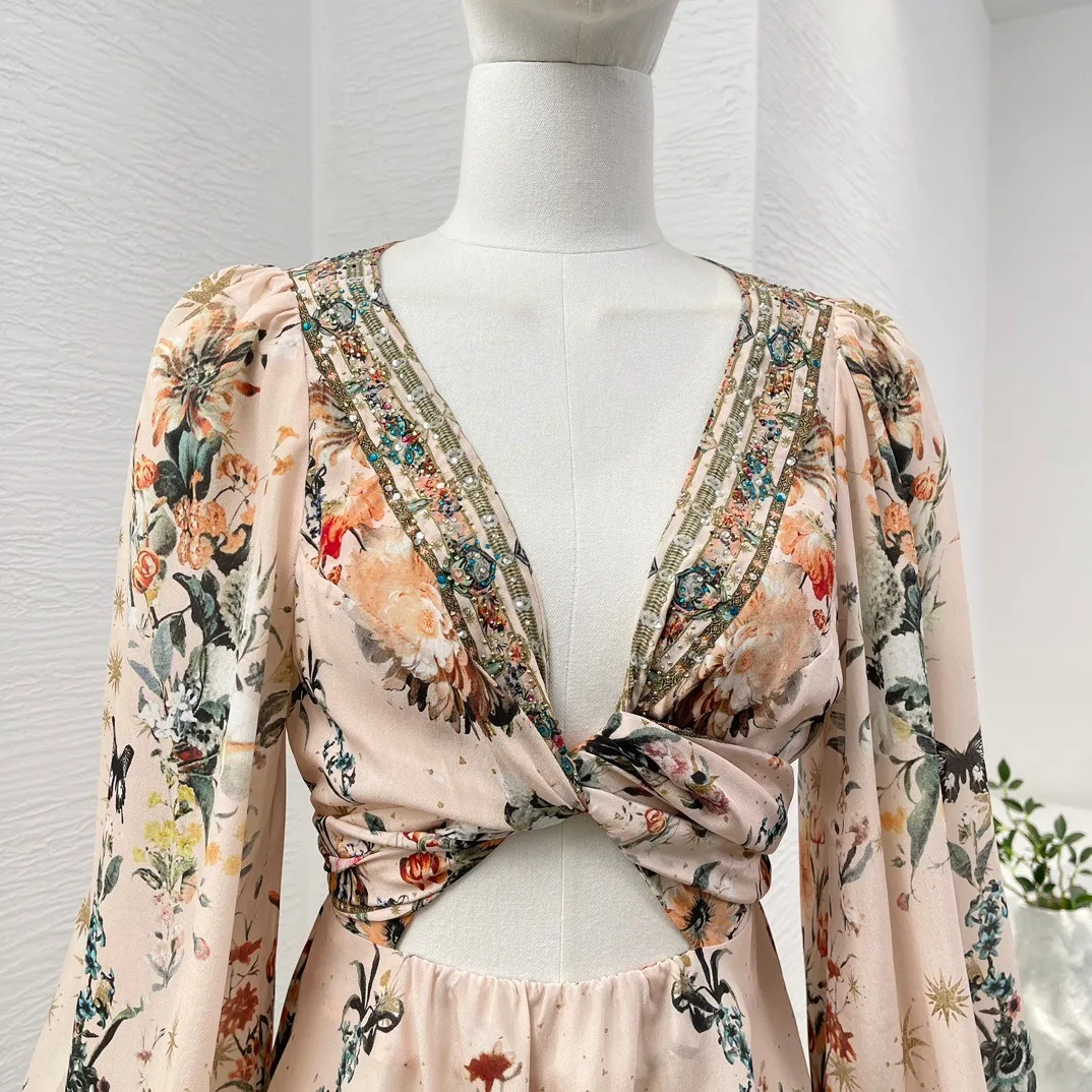 Mini vestido de seda com manga comprida, decote em v, flor rosa e borboleta, diamantes e raiz, alta qualidade, novo, 2024