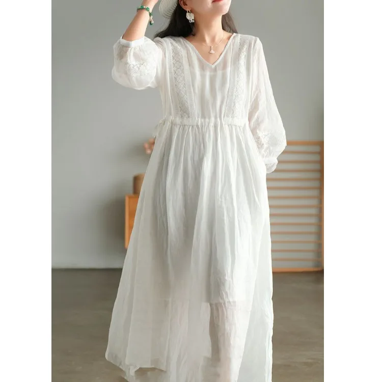 Été ample minceur ceinturé Long Dr deux pièces ensemble artistique Sle dentelle épissage v-ne couleur femmes Dr