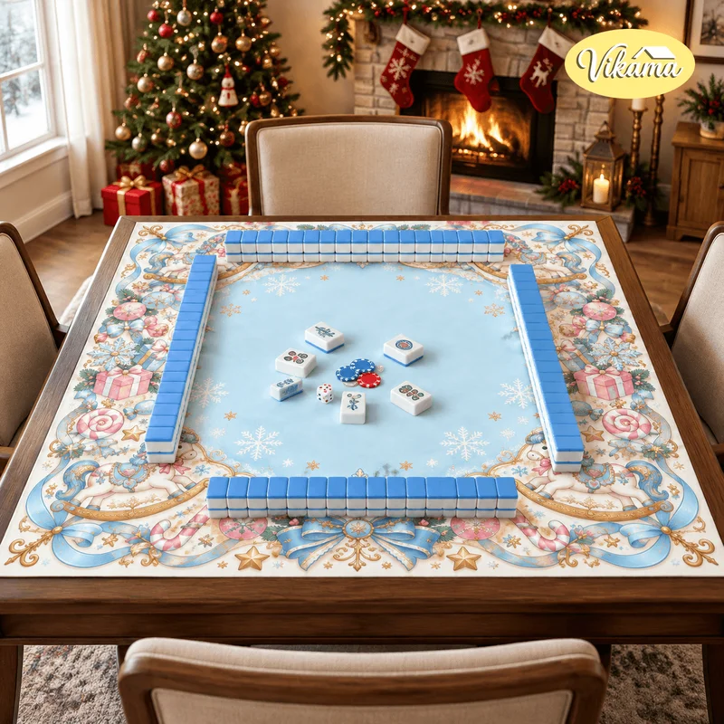 VIKAMA Christmas Blue Rocking Horse Mahjong Mat Non Slip Waterproof Card Game Mat Dining Room Family Game Night Holiday Decor