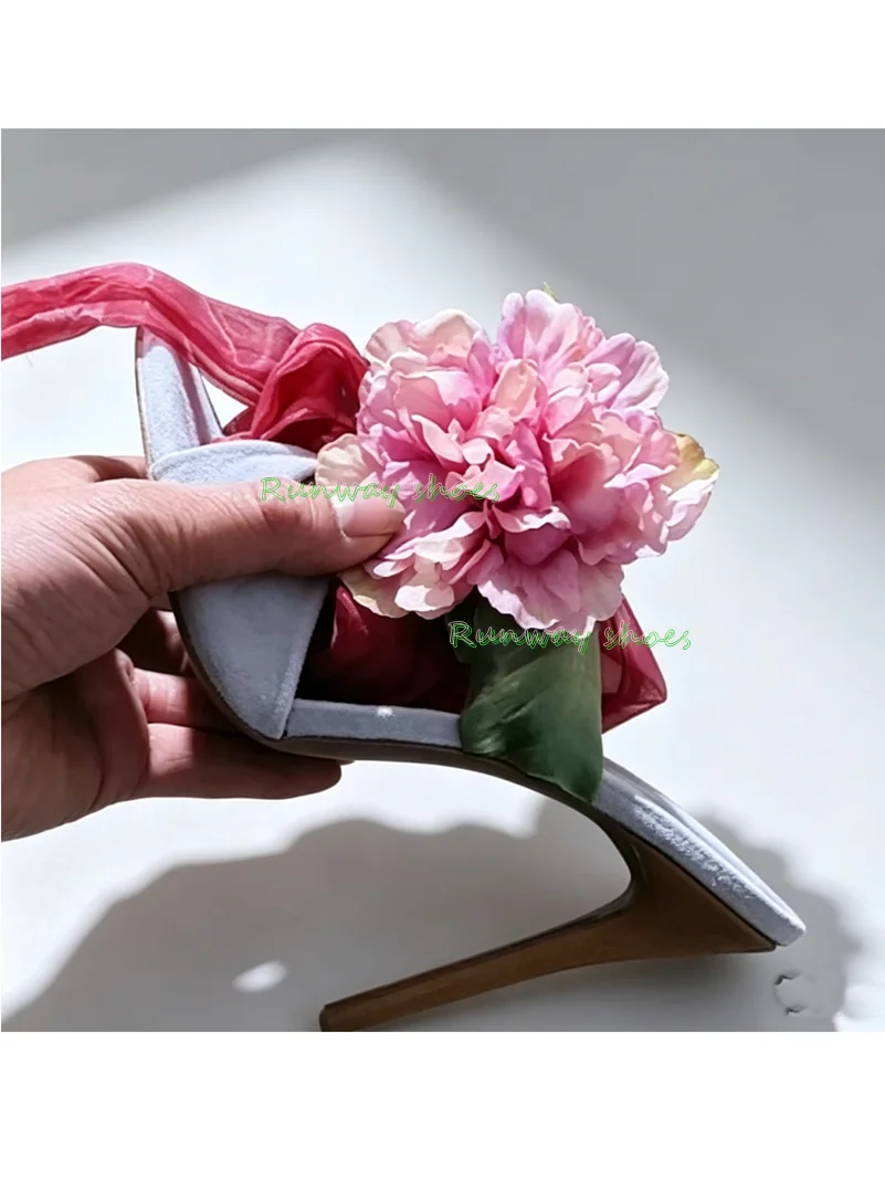 French Retro Peony Flowers Straps Stilettos Women's Sandals Round Head Open Toes Satin Fabric Ankle Wrap Straps Banquet Shoe