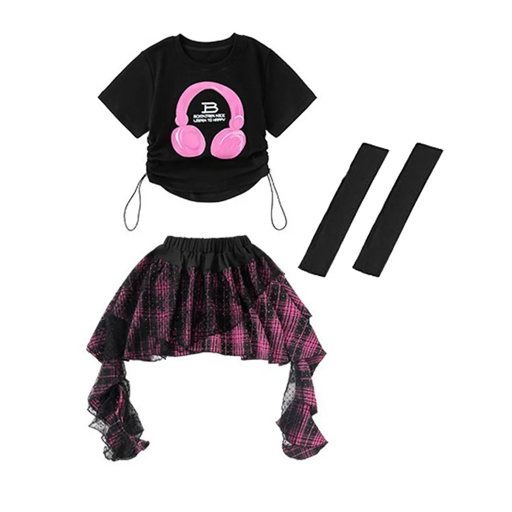 

Ins Style Streetwear Girls Hip Hop Clothes Jazz Teens Children Dance Costume Irregular Stage Wear T-shirt Plaid Skirt Set Summer