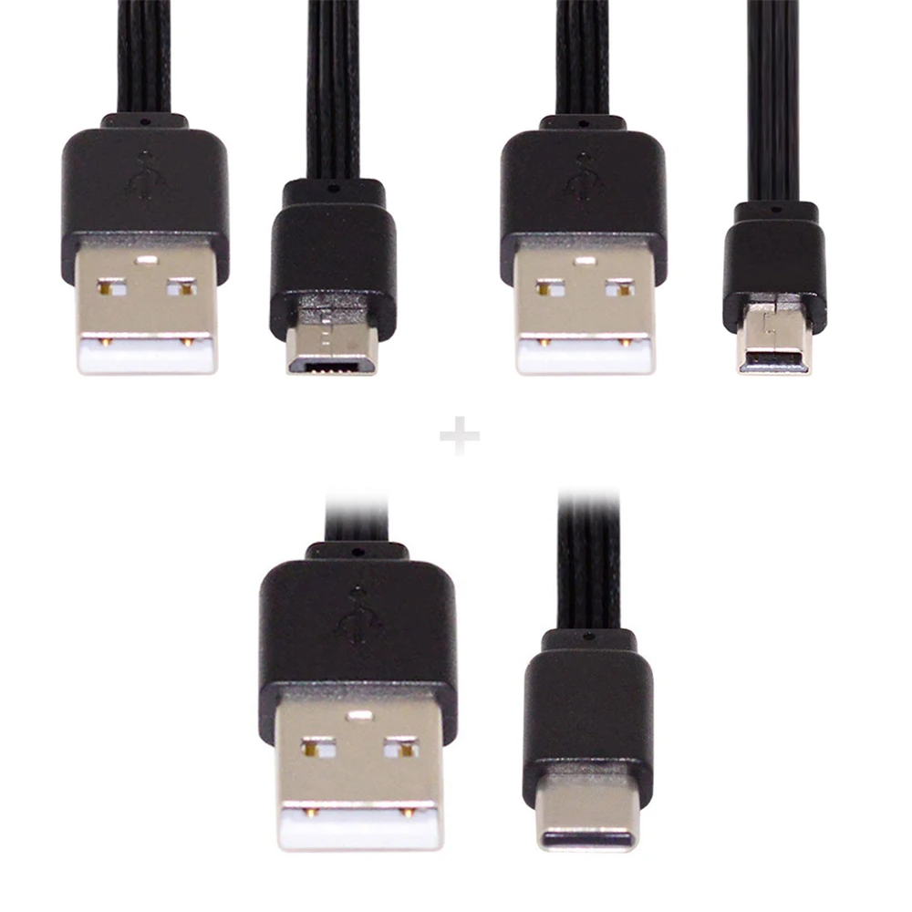 Cablecc 3pcs/lot 13cm USB 2.0 Type-A to Mini Micro USB Type-C Male Data Flat Slim FPC Cable for FPV & Disk & Phone