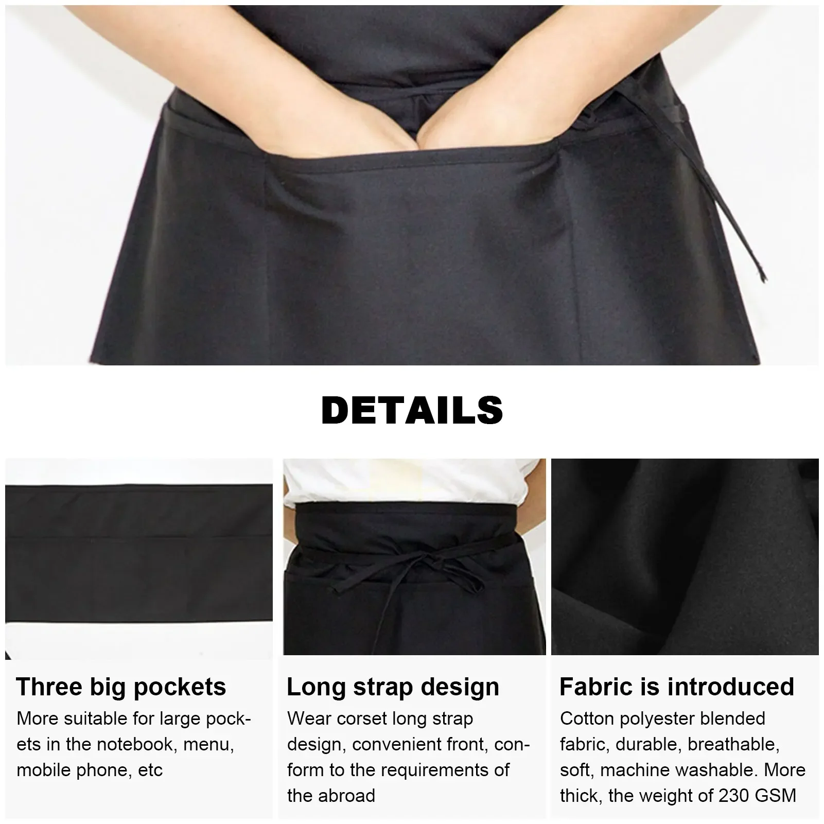 3 Pockets Black Waist Half Short Apron Restaurant Waiters Chef Aprons Cafe Shop BBQ Hairdresser Bar Aprons Cleaning Supplies