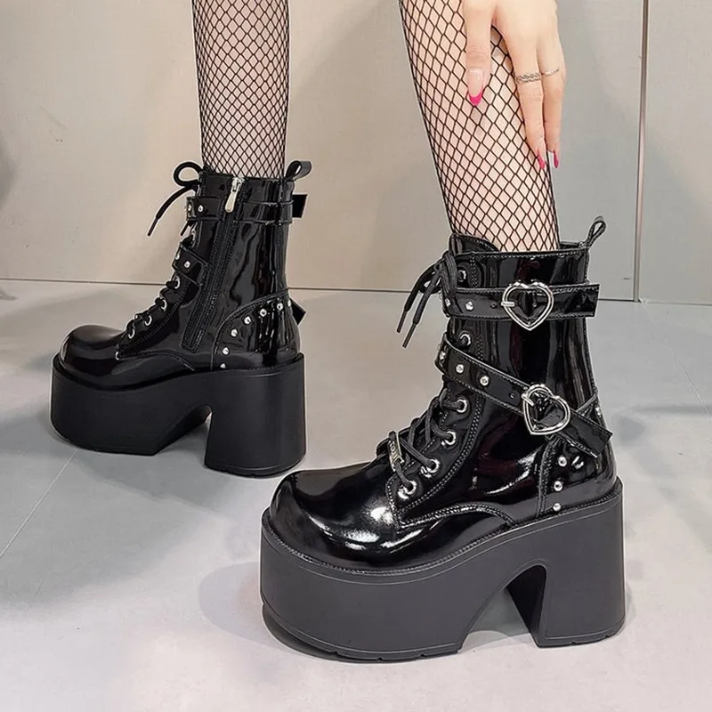 

New Autumn Winter Heightened Platform Womens British Style Lace-Up Boot High Heel Motorcycle Boot Block Heel Booties Botas Mujer