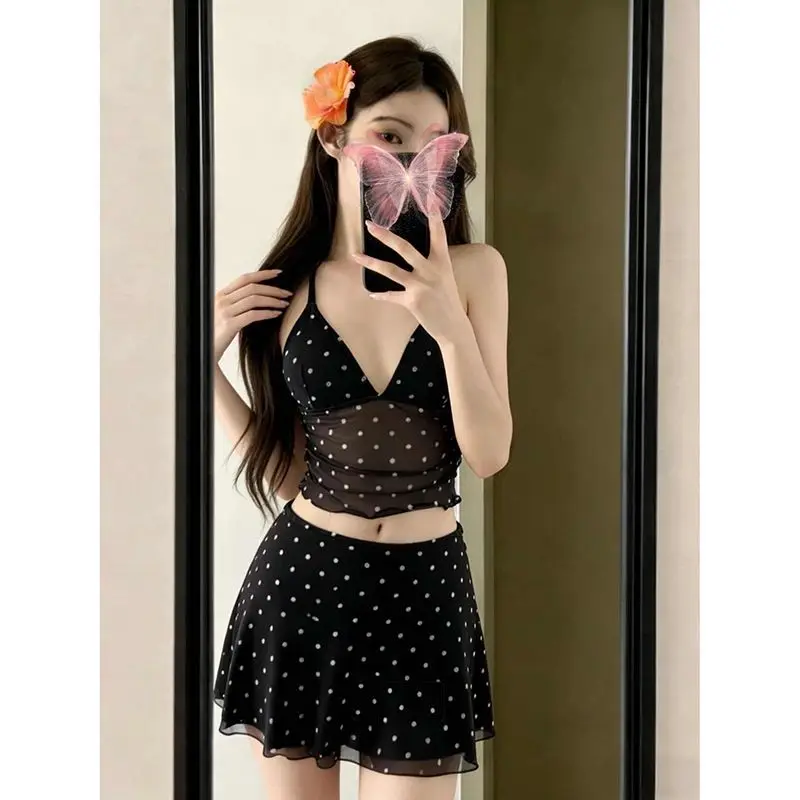 Sexy Polka Dot Mesh Strap Vest High Waist Short Skirt Two Piece Set Women's Casual Summer Fashion Outfit Breathable Polyester