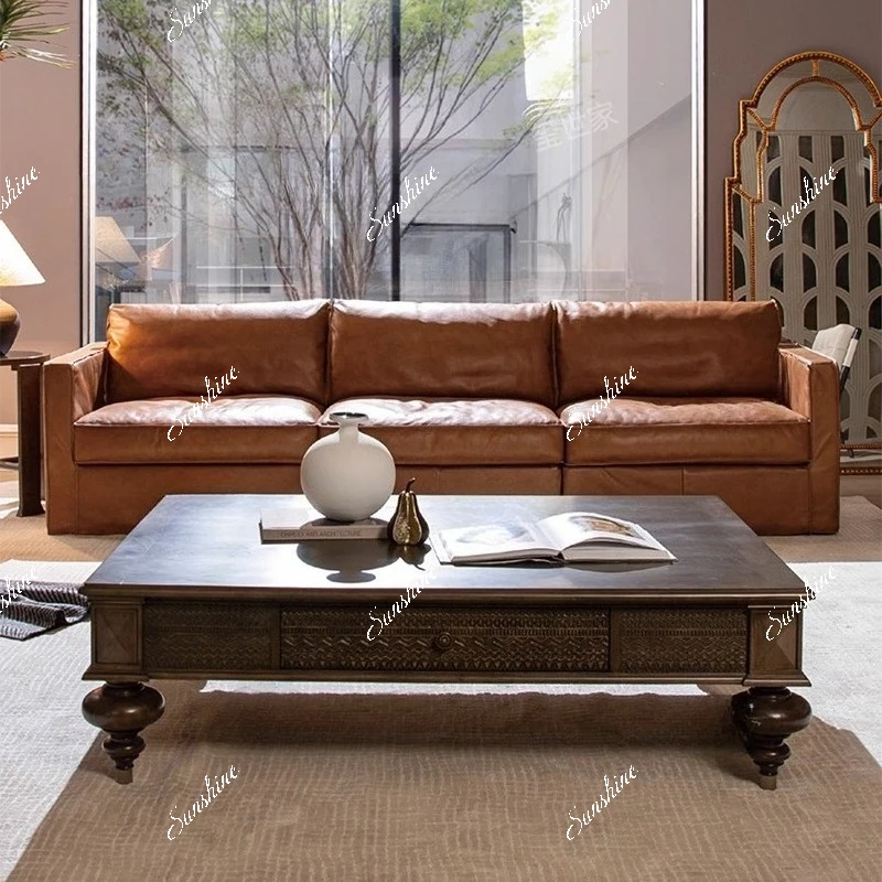 

American retro solid wood carved coffee table, medieval coffee table