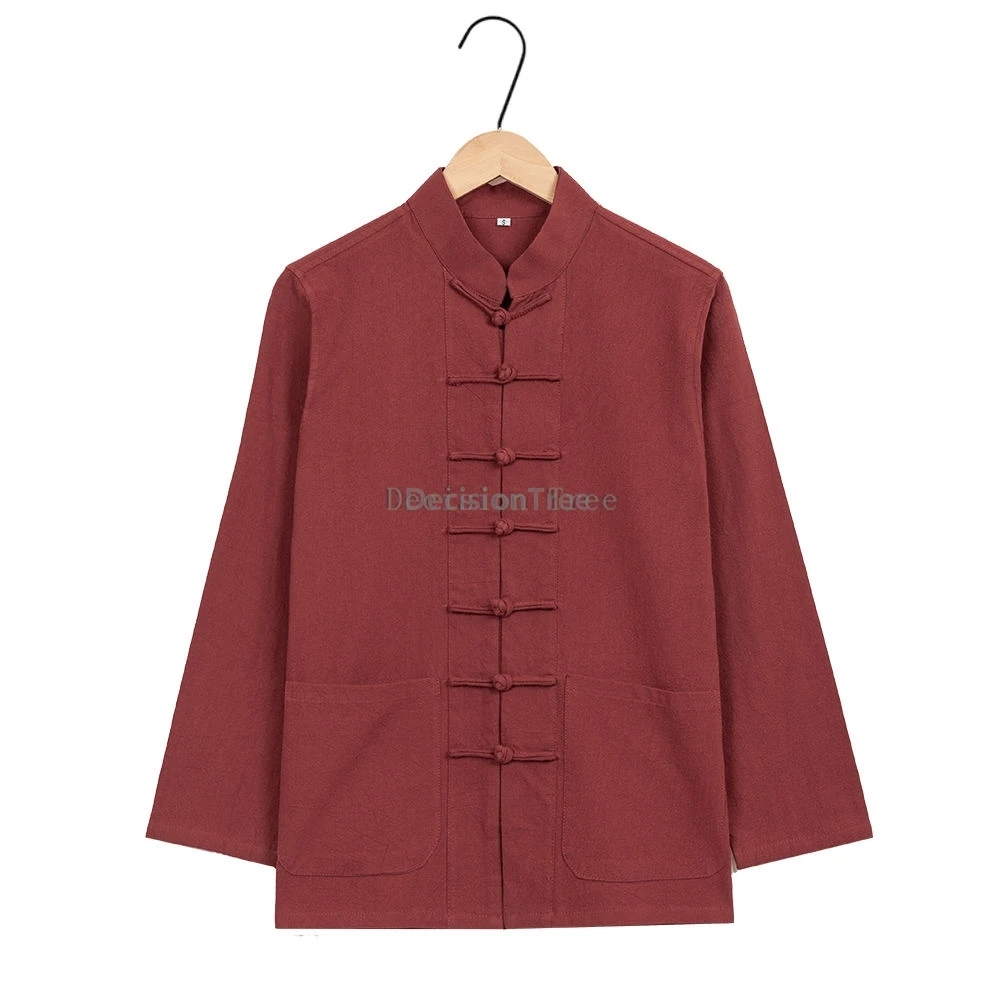 

2025 chinese style cotton linen tang suit long sleeved shirt retro pure color disc buckle top men's daily leisure versatile top