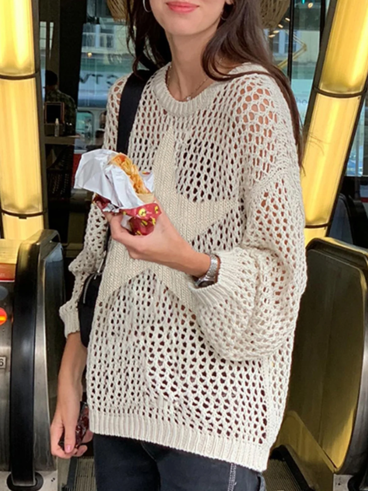 Top da donna in lana con prospettiva cava lavorata a maglia, casual, lungo, ultra sottile, da strada, vestibilità ampia, rotondo