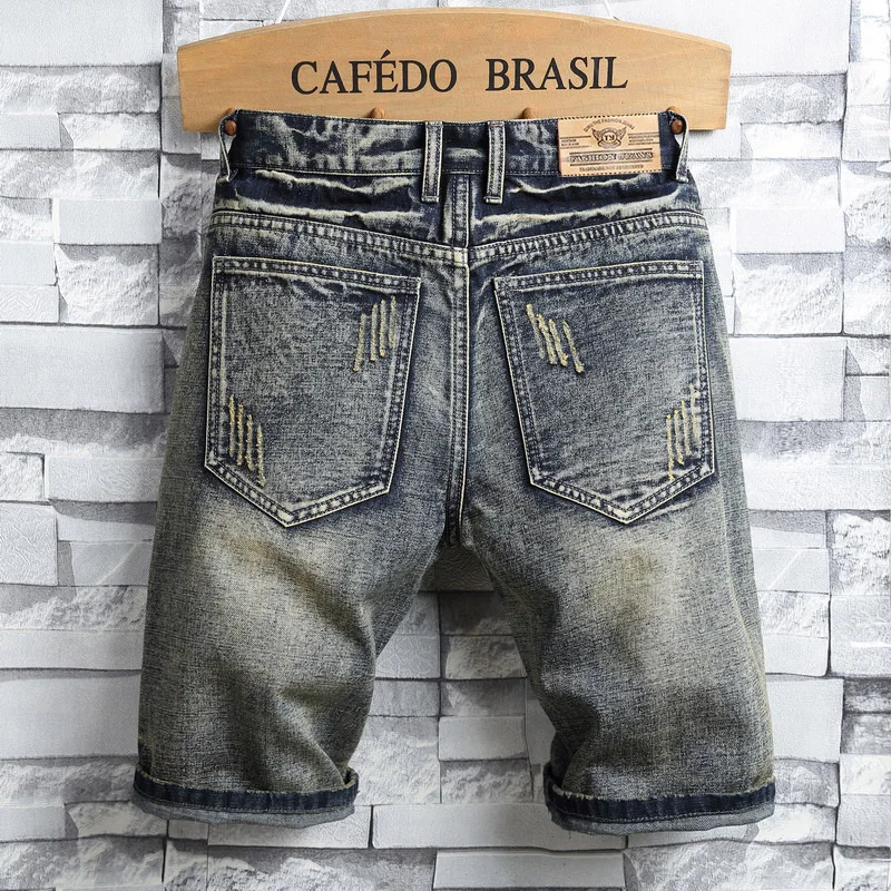 2024  Motorcycle Denim Shorts Men's Summer Fashion Brand Patchwork Stitching Loose Straight Retro Tattered Jeans Cropped Pants