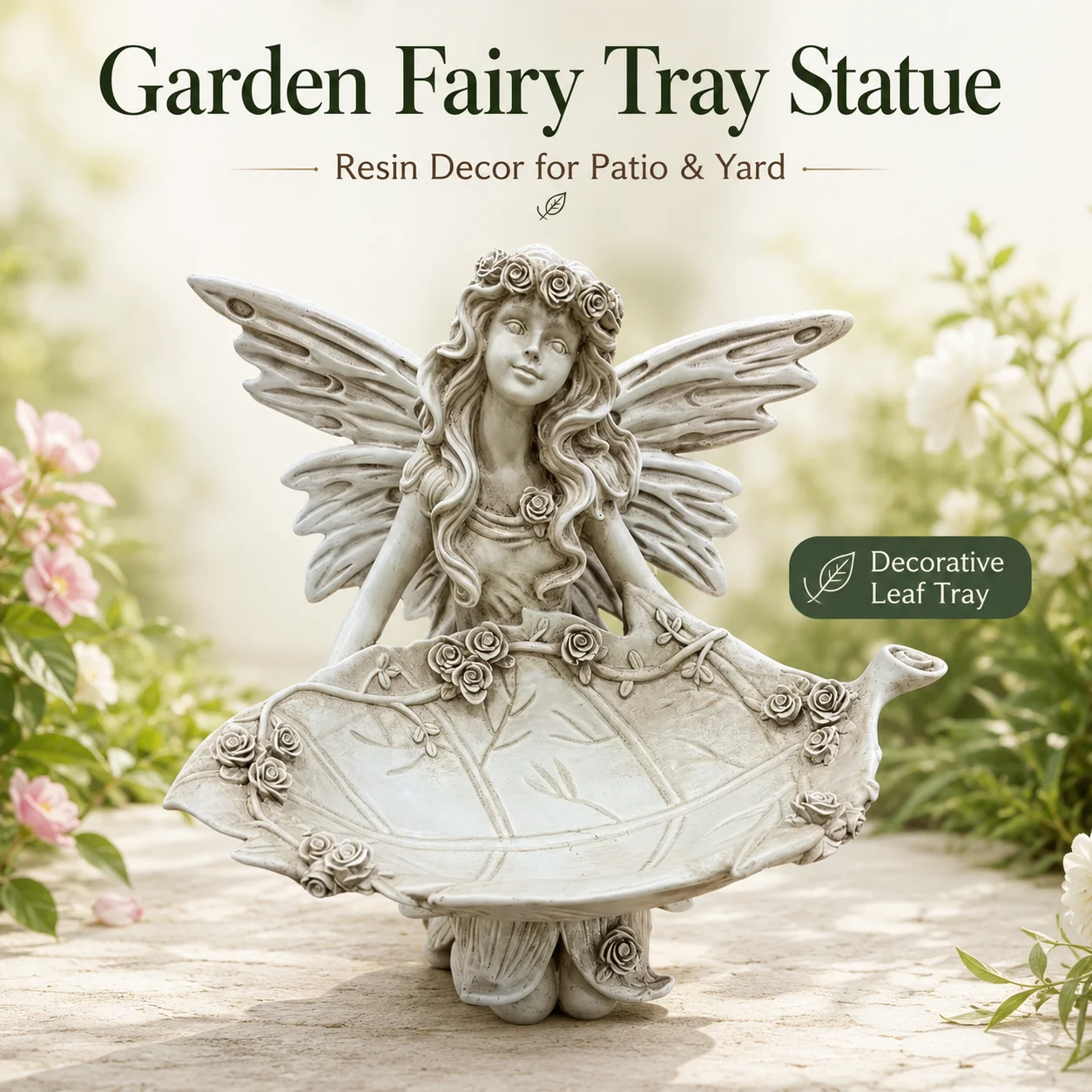 Garden Fairy Statue Bird Feeder with Leaf Tray Resin Art Figurine Outdoor Garden Patio Lawn Yard Decorative Bird Bath Ornament