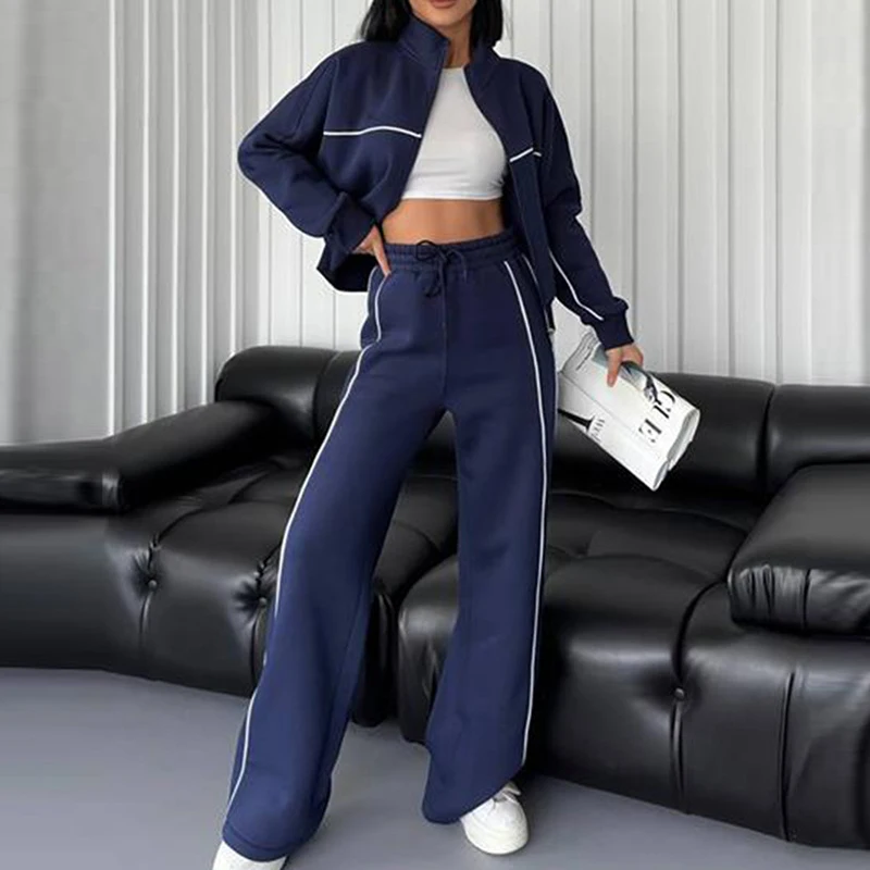 Fashion Patchwork Long Sleeve Coat&Elastic Pants Suits Lady Simple Commute Zipper Outfit Autumn Winter New Casual Sport 2PC Sets
