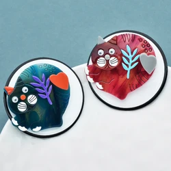 Wuli&baby New Movable Cat Round Brooches For Women Unisex Acrylic Lovely Pets Animal Badge Brooch Pins Gifts