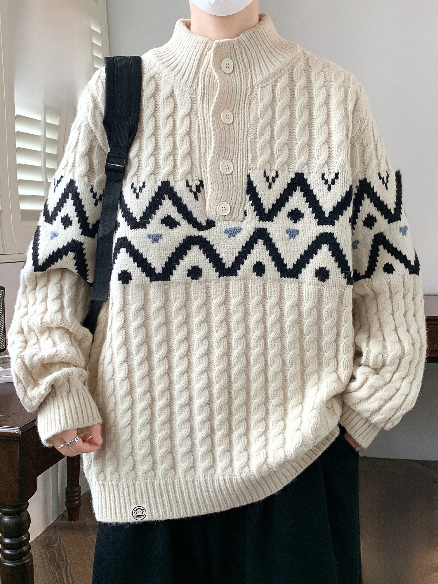 

PaulFrank Loose Fit Casual Knitwear Men's Winter Warm Versatile f Open Plaet Long Sve Sweater Comfortable Regular Length