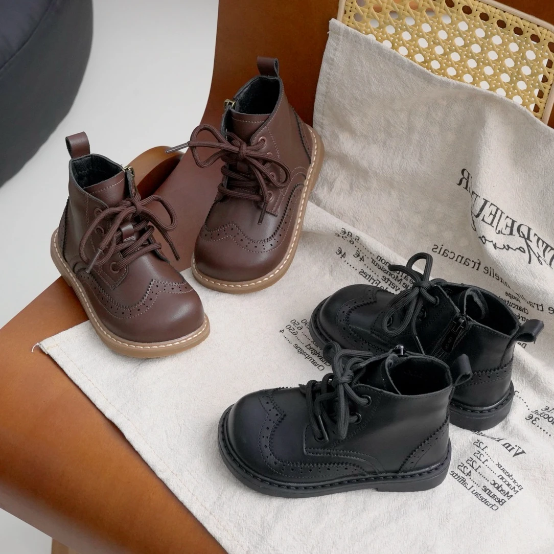 Claladoudou-Bottes de rinçage rétro pour enfants, marron uni, noir, semelle en caoutchouc, petits garçons, bottes d\'automne pour filles, mode