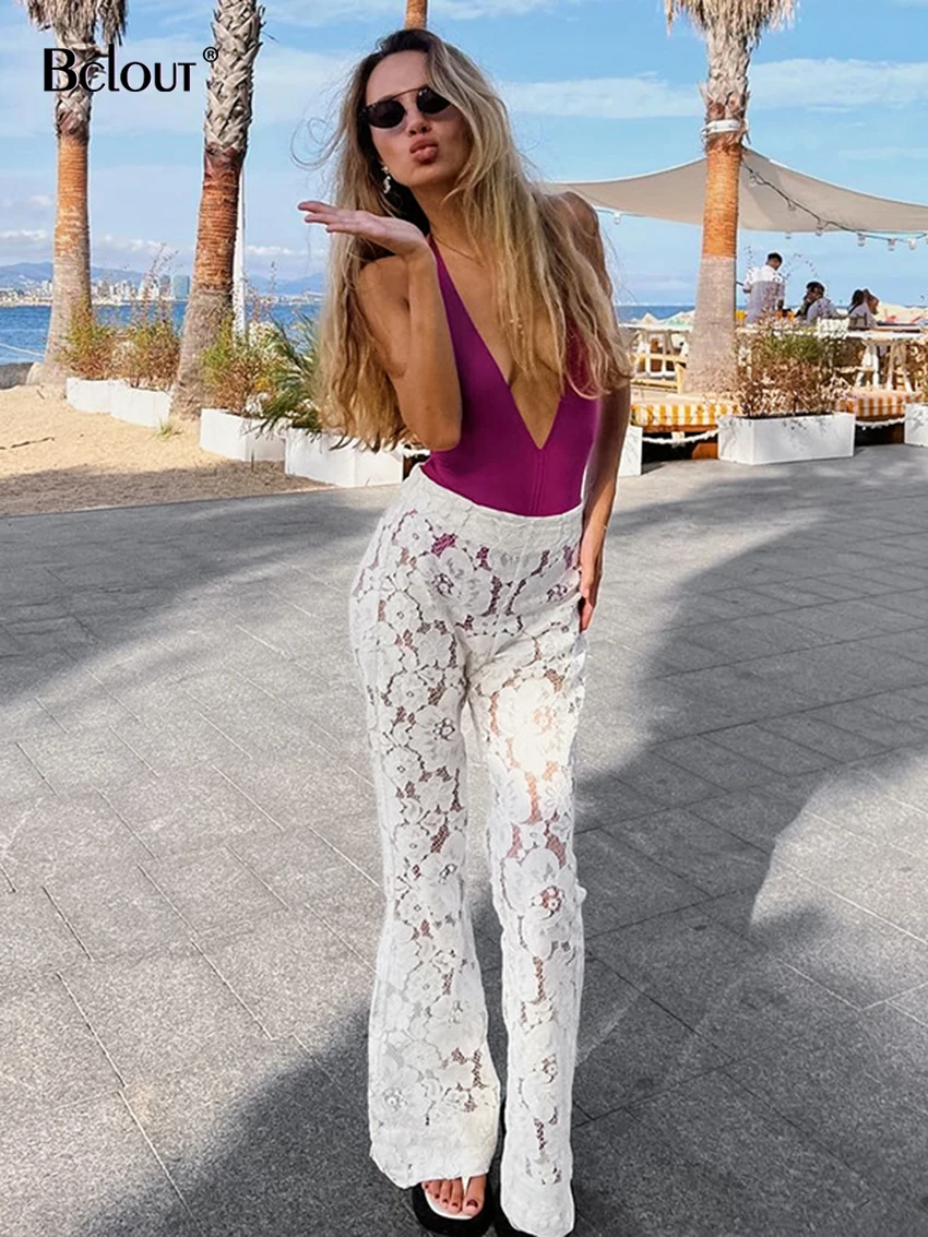 Bclout Elegant White Lace Flare Pants Women 2024 Fashion Thin Solid High Waist Long Trousers Spring Transparent Sexy Party Pants