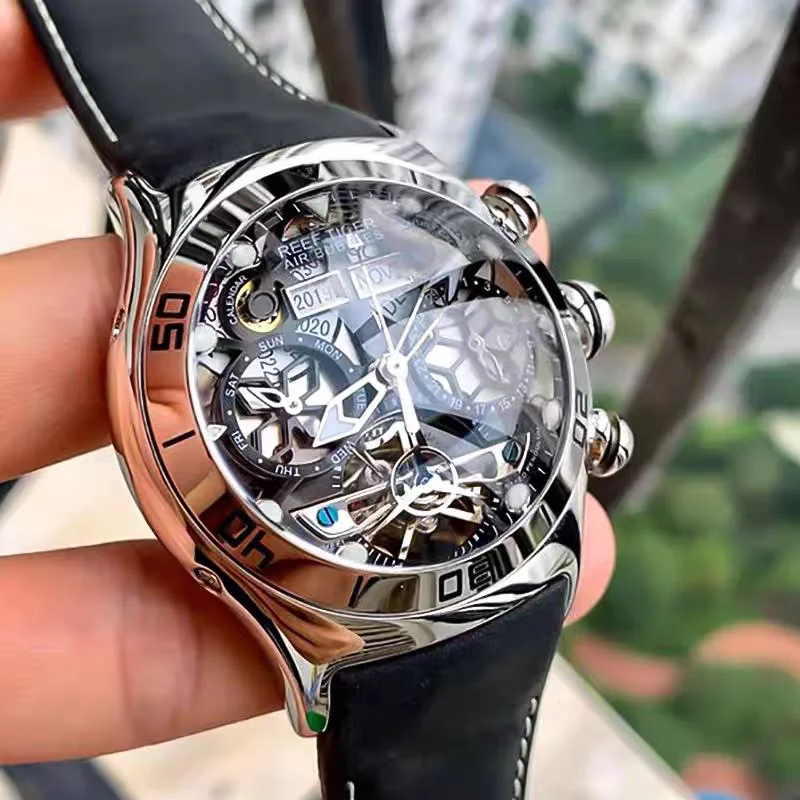 

Мужские автоматические часы Reef Tiger 44 мм, механические наручные часы с купольным стеклом, скелетонизированным циферблатом, вечным календарем (год, месяц, неделя, дата)