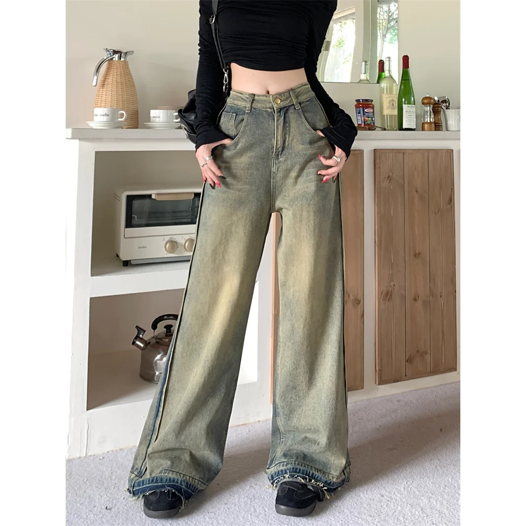 American Retro Wide-leg Jeans Women's Autumn and Winter High Waist Design with Rough Edges Mopping The Floor Pants