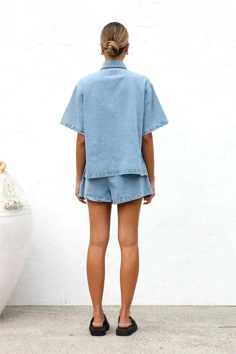 ヴィンテージハイストリートデニムスーツ女性半袖ボタンルーズ快適なシャツ女性ツーピースセットハイウエストショーツ B7QP