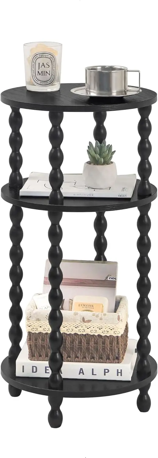 

Small Round Side Table, Black End Table with 3-Tier Open Shelf for Small Spaces, Round Bedside Table Nightstand for Bedroom,