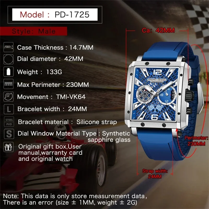 PAGANI DESIGN New Men's Rectangular Watch Top Brand Men's Sports Quartz Watch Frame Automatic Date Chronograph