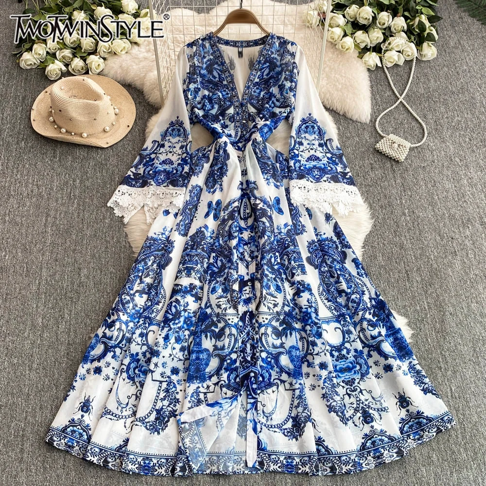 

TWOTWINSTYLE Elegant Vintage Slim Dresses For Women V Neck Long Sleeve High Waist Draped Temperament Dress Female New KDR543968