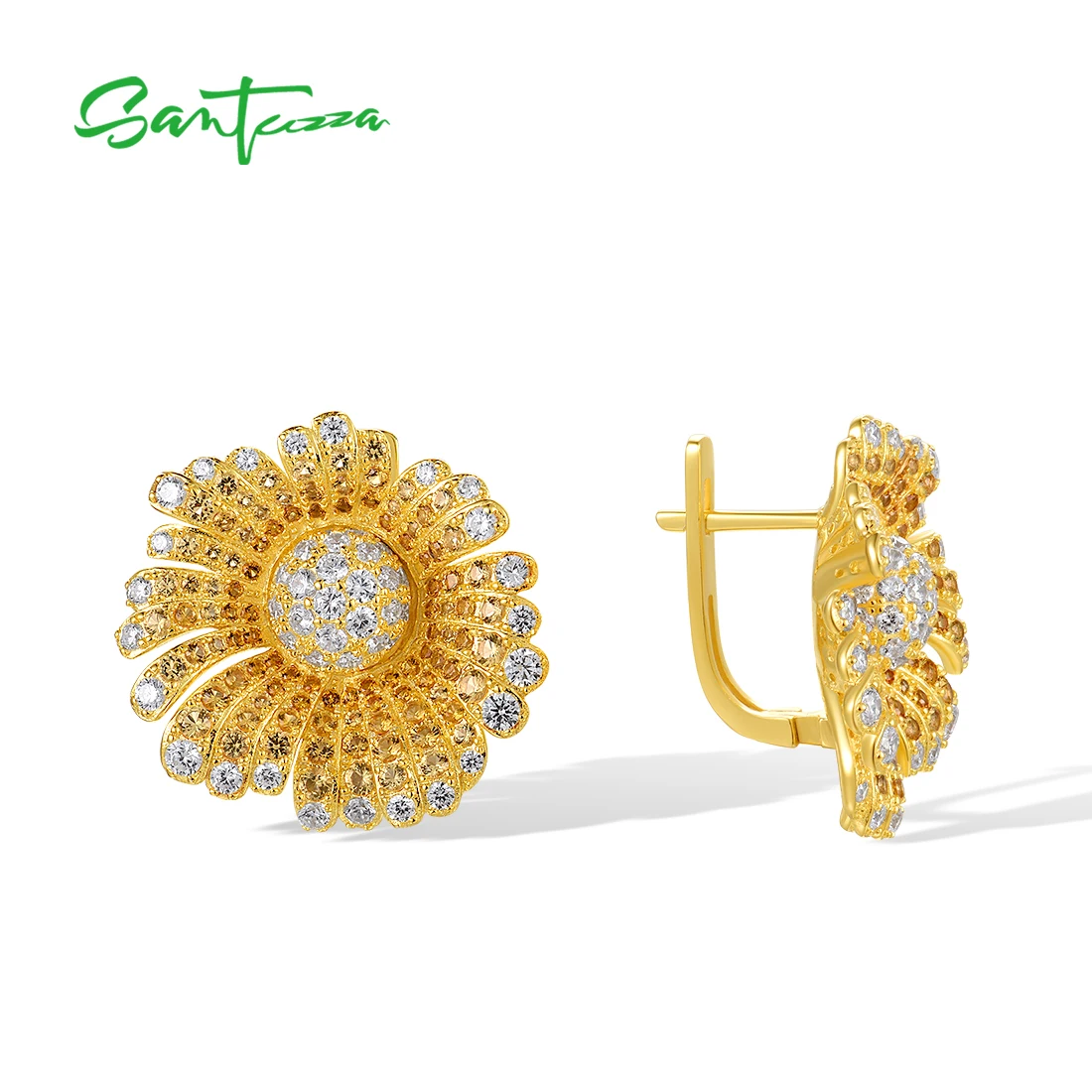 SANTUZZA Pure 925 Sterling Silver Earrings For Women Shiny Yellow Nano Crysta White CZ Luxury Sun Flower Earrings Fine Jewelry