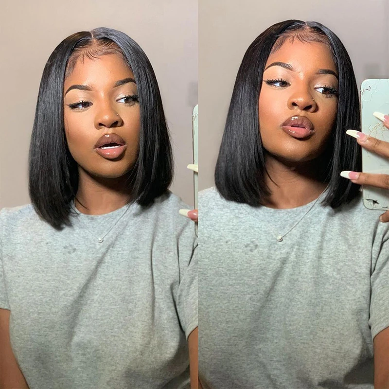 Brazilian Hair Transparent Lace Front Human Hair Wig 13x4 Straight Short Bob Wigs Human Hair 1B Natural Color 4x4 Lace Closure