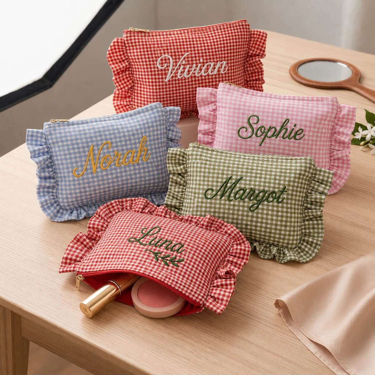 Customized Name Bridesmaid Proposal Pouch, Embroidered Gingham Makeup Bag, Bachelorette Party Gift, Bridal Shower Cosmetic Bag