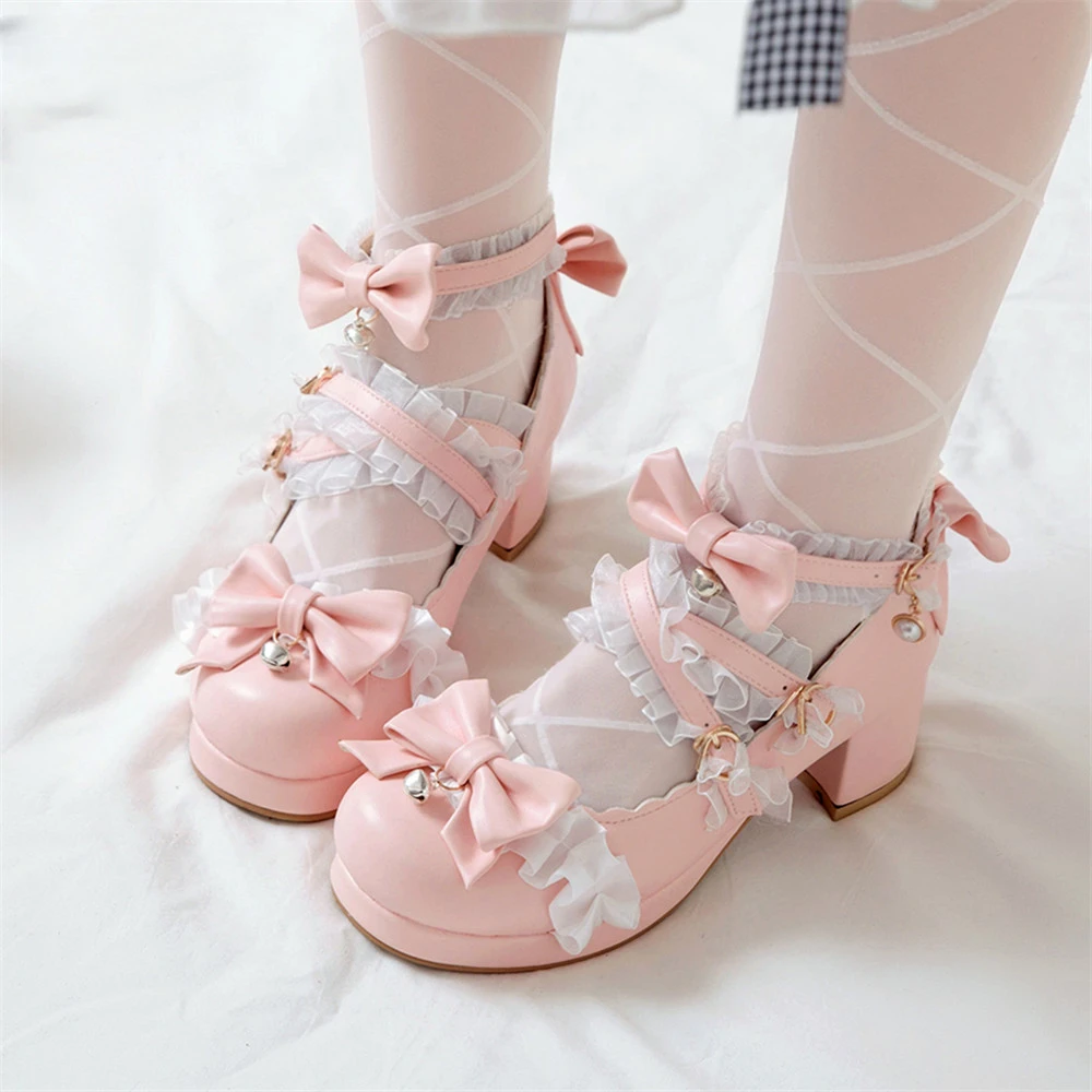 Women High Heels Cross Strap Mary Jane Pumps Party Wedding White Pink Black Ruffles Bow Princess Cosplay Lolita Shoes 31-43