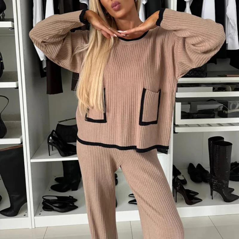 Fashion Contrasting Color Knitted Two Piece Winter Casual Women O-neck Long Sleeved Top + Pants Set Elegant Homewear Loose Suit