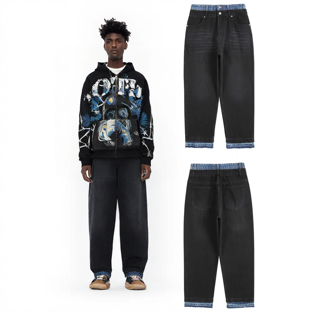 

Faux Two Piece Y2k Baggy Jeans Man Hip Hop Street Wear Retro Vintage Street Style Rock Revivals Flame Denim Jeans Men's Clothing