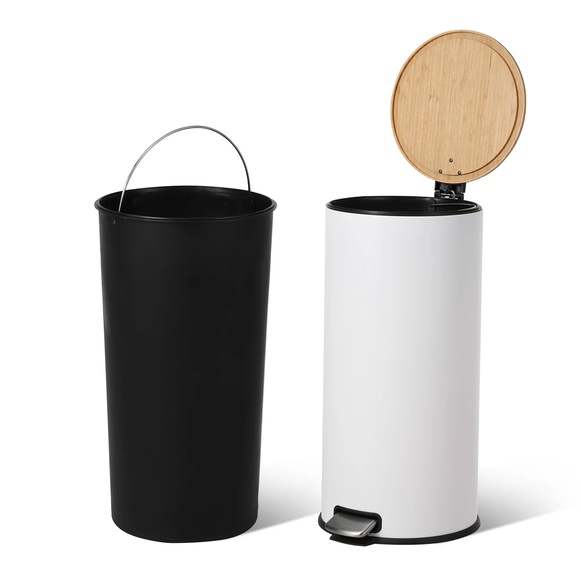 8 Gallon / 30L Stainless Steel Step Trash Can with Soft-Close Bamboo Lid, Removable Inner Liner, Fingerprint-Resistant, Slim Round Waste Bin for Kitchen, Bathroom, Office, Home