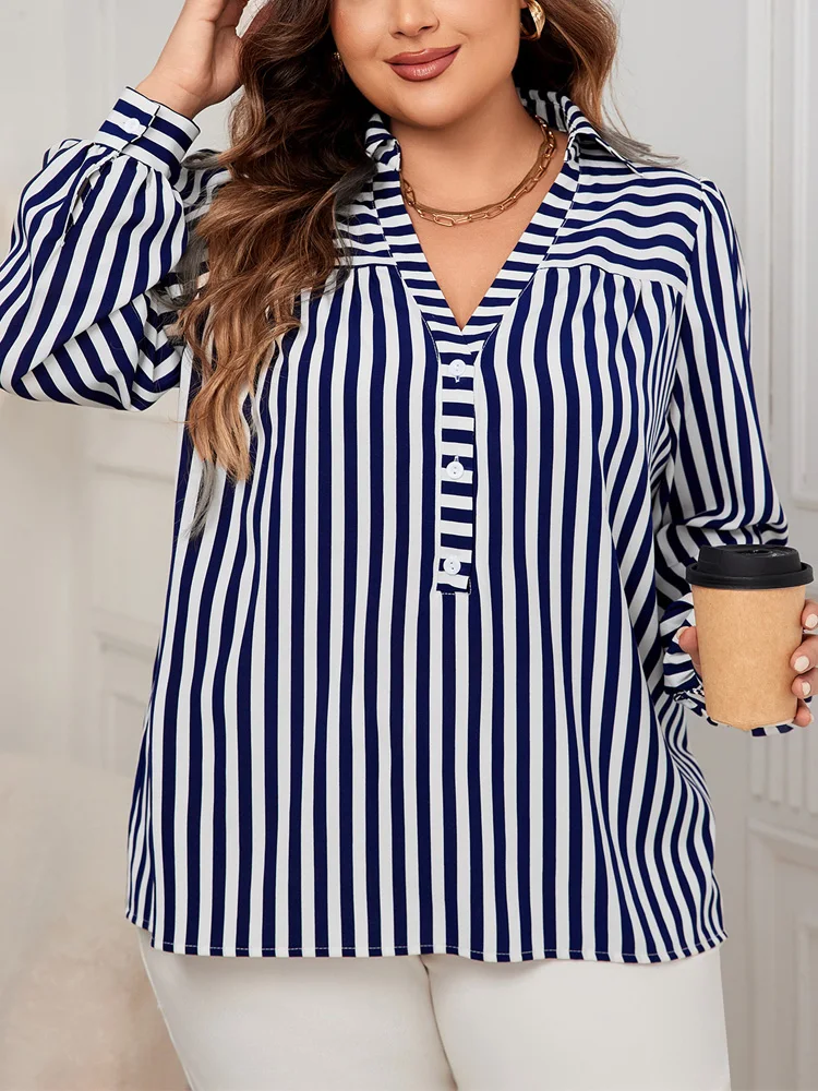 GIBSIE-camisa listrada azul e branca para mulheres, blusas casuais soltas, tops plus size, gola polo, manga longa, botão frontal, nova, outono