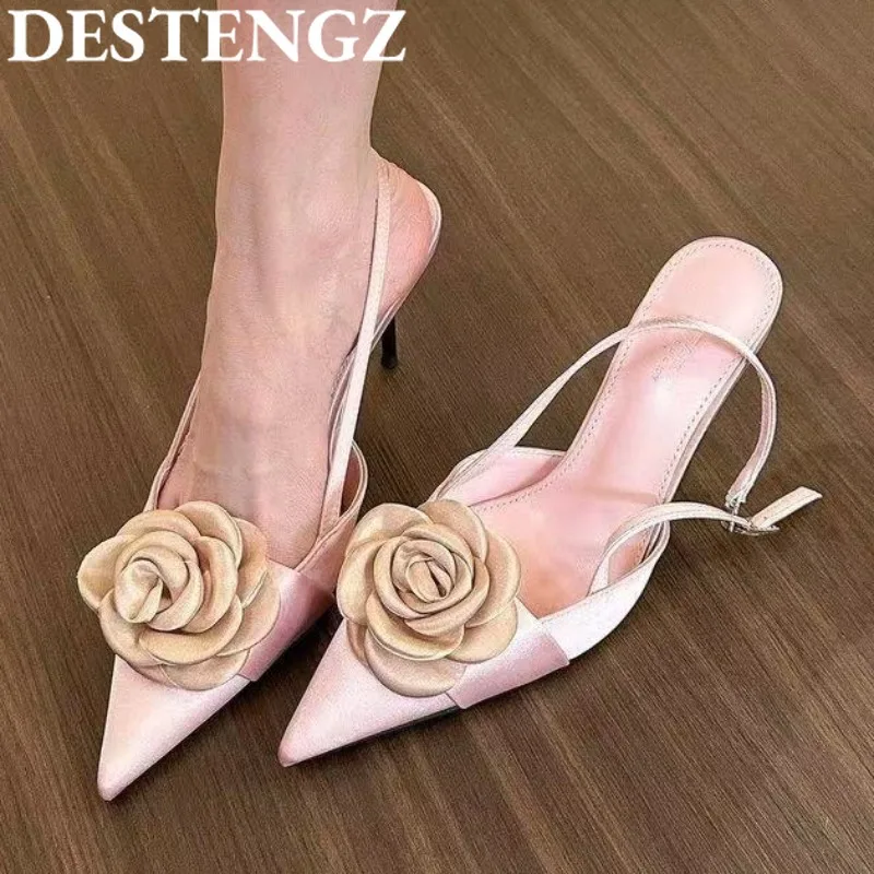 

Women Flower Sexy Sandals High Heels Pointed Toe Shoes Slingback 2025 Summer Trend Dress Party Pumps Designer Stilettos Mujer