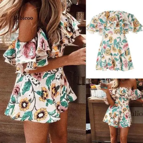 Women Summer Jumpsuits Off Shoulder Ruffle Bodycon Playsuit Sexy Fashion Floral Printed High Quality Bodysuits 2022 New