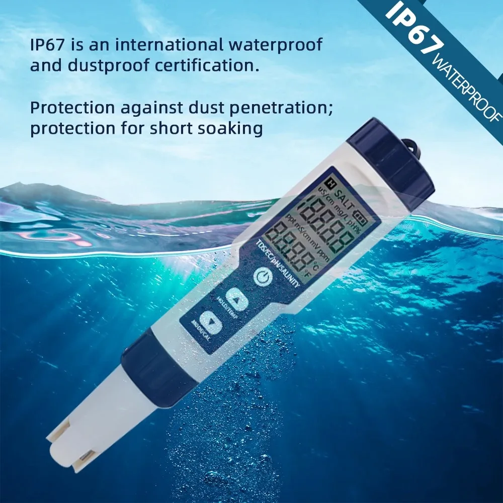 5-in-1 EC TDS Salzgehalt Temperatur PH Meter Wasserqualitätstester für Lebensmittel Getränke Salzgehalt Aquarium Meerwasser ATC Meter