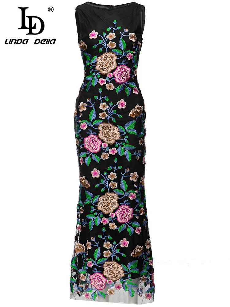 LD LINDA DELLA 2023 Summer Fashion Mesh Dress Women O-Neck sleeveless flowers Embroidery Slim Vintage Party Midi Dresses