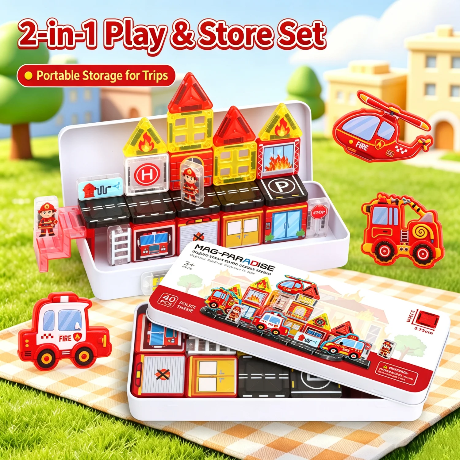 Mini Portable Magnetic Sheet Magnetic Assembly Engineering Vehicle Fire Protection Magnetic Sheet Children's Puzzle Toy Building
